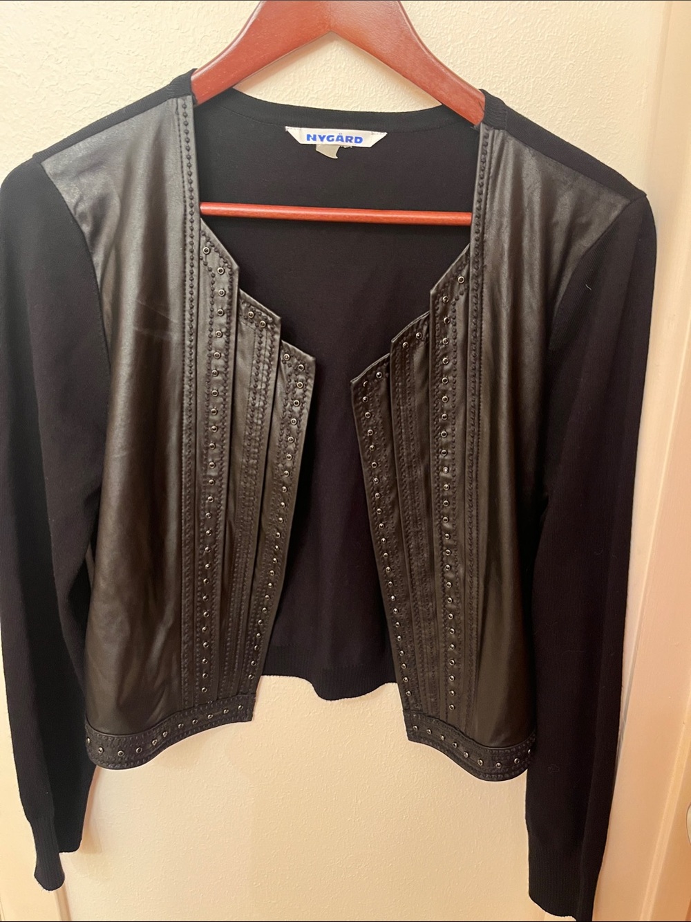 Black Embellished Faux Leather Trim Jacket